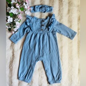 Pretty Light Blue Jumpsuit Romper Outfit 100% Organic Cotton Size 12 Months